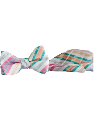 White, Pink & Blue plaid bow tie and matching pocket square