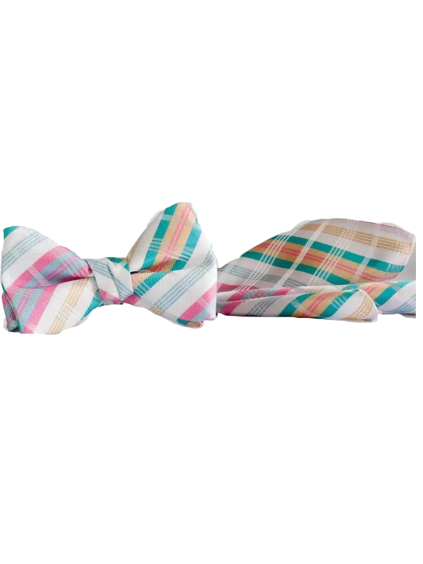 White, Pink & Blue plaid bow tie and matching pocket square