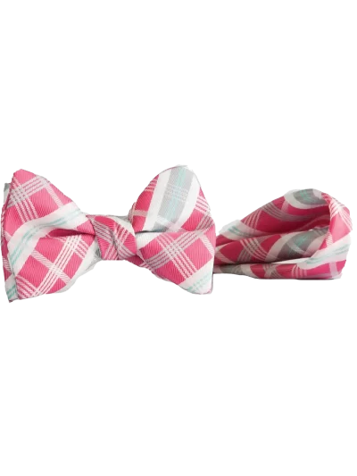 Pink, White & Grey plaid bow tie and matching pocket square
