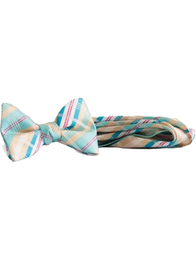 Gold, Blue, & White plaid bow tie and matching pocket square