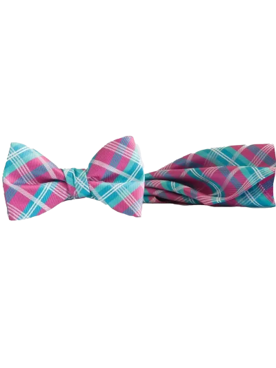 Malibu Blue, Fuchsia, & White plaid bow tie and matching pocket square