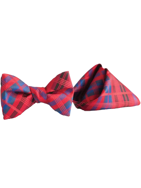 Red, Blue, & Black plaid bow tie and matching pocket square PL851-C10
