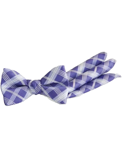 Purple & White plaid bow tie and matching pocket square PL851-C11