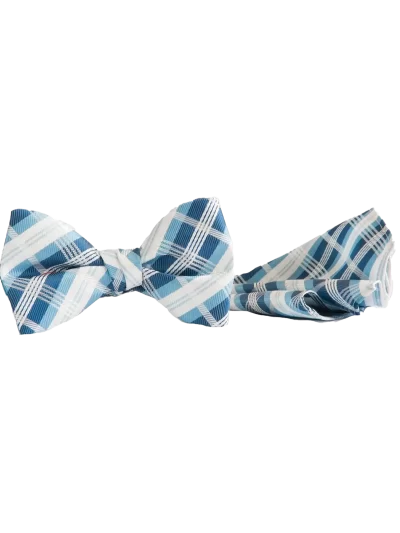 Blue, Navy, & White plaid bow tie and matching pocket square PL851-C12