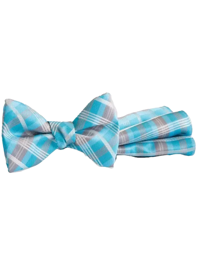 Malibu Blue, & White plaid bow tie and matching pocket square PL851-C13