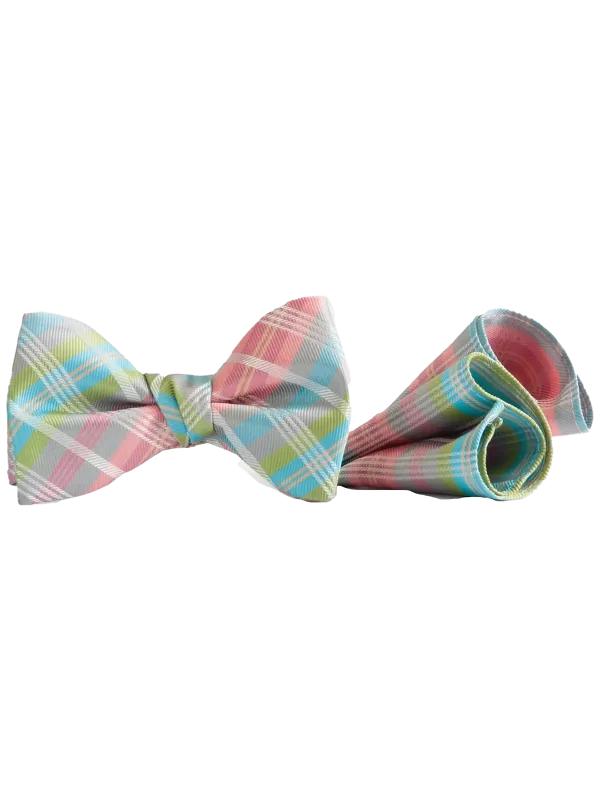 Pink, Grey, Lime, & Blue plaid bow tie and matching pocket square PL851-C14