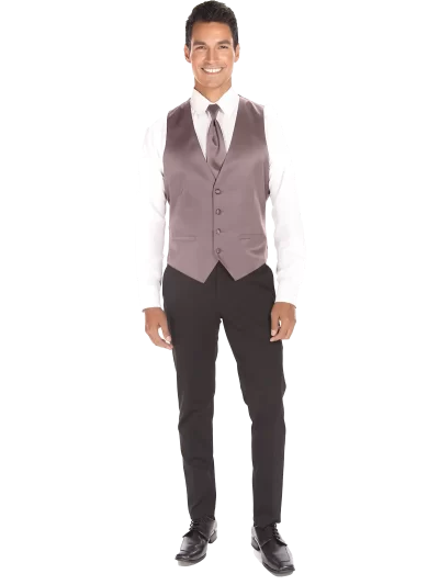 Man in a modern solid rose gold vest and long tie
