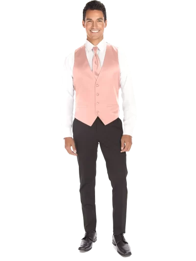 Man wearing a modern solid petal colored vest and long tie