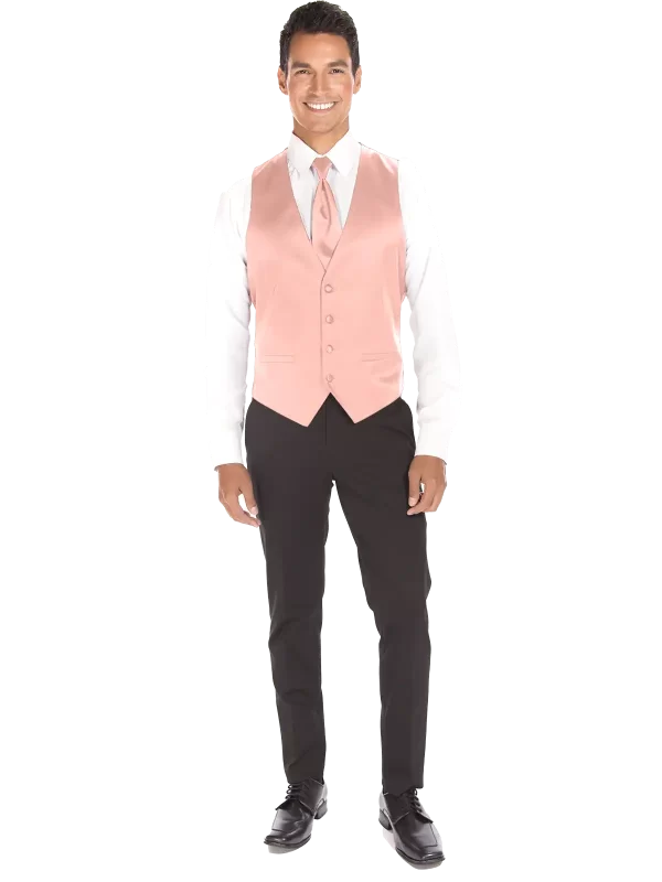 Man wearing a modern solid petal colored vest and long tie